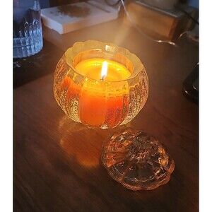 Avon Clear Crystal Glass Pumpkin Shape Candle Holder With Lid Vintage